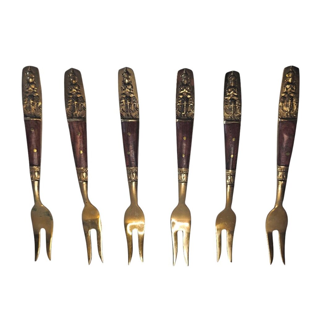 Vintage SIAM 6 Brass-Bronze gold tone & Teak wood cocktail forks Thailand - Picture 9 of 9
